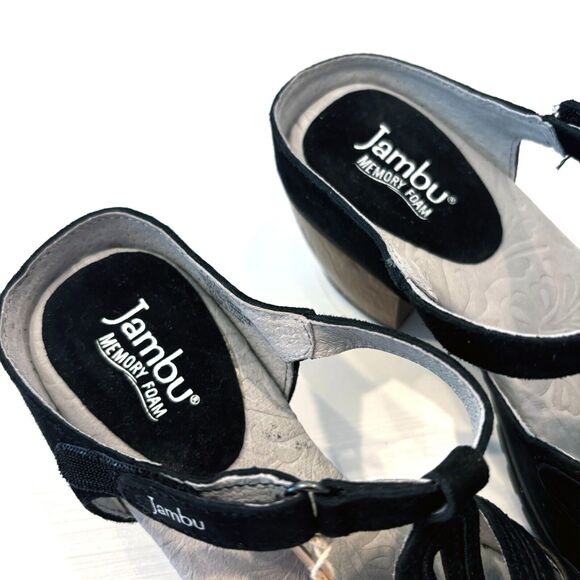 NEW Jambu Sahara Peep Toe Black Suede Leather Wooden Heels Sandals‎ US Size 6 M - Picture 9 of 11